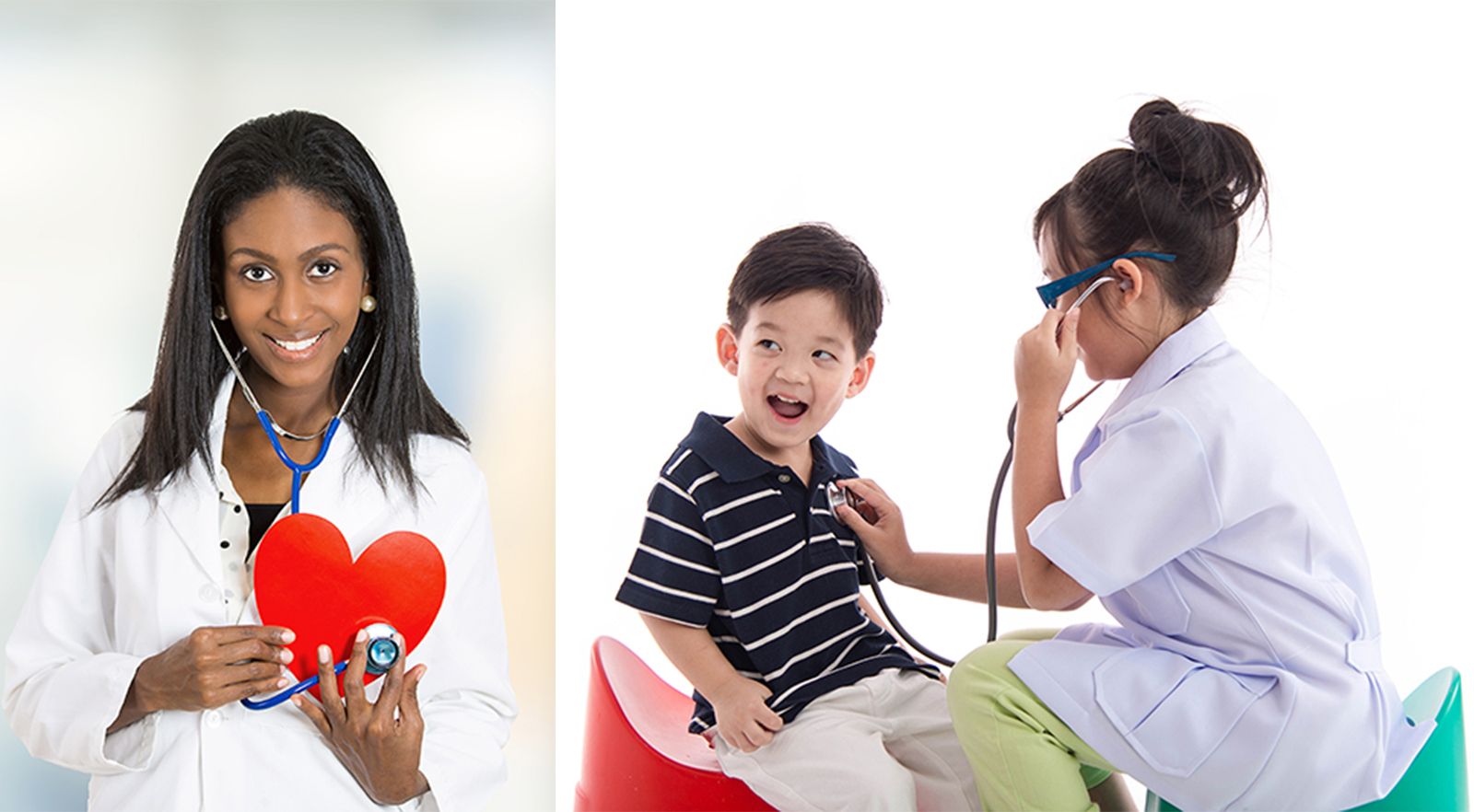 Image of cute Dr holding red heart and children playind doctor for Pediatrics at CCCHC