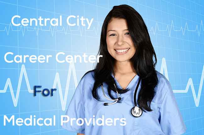 Image of girl in Medical scrubs and stethoscope says Central City Career Center for Medical Providers for our Career Center at Central City Community Health - to apply click the image