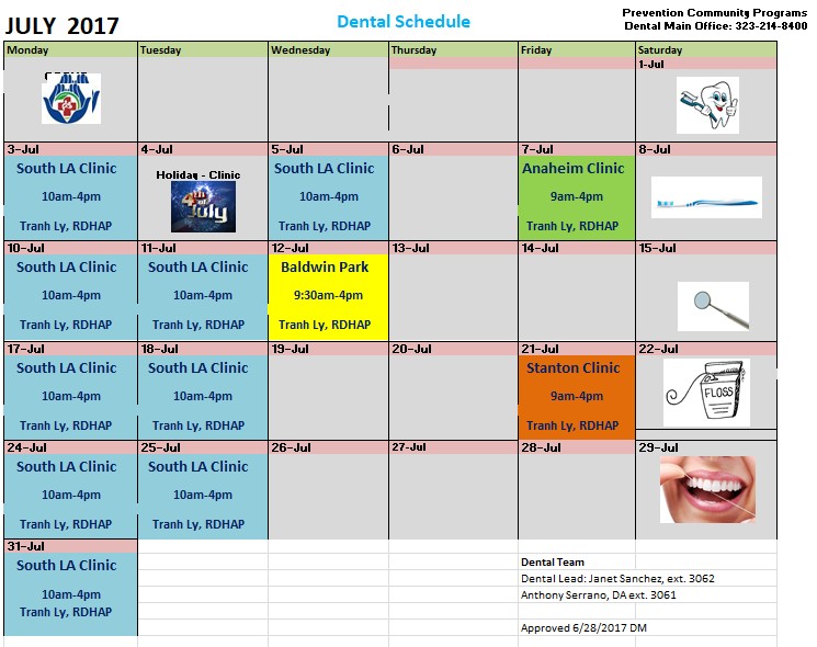 Dental Calendar July 2017 Central City Community Health Center Inc