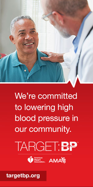 Image of Doctor and Patient with text: We're committed to lowering high blood pressure in our community