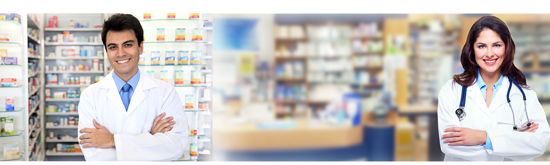 Image of a blurred out pharmacy in the background with a male and female doctor for CCCHC preferred partner pharmacy