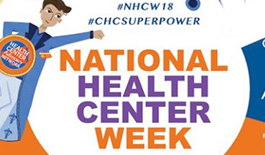 Button Image - #NHCW18 #CHCSUPERPOWER National Health Center Week with a super hero cartoon