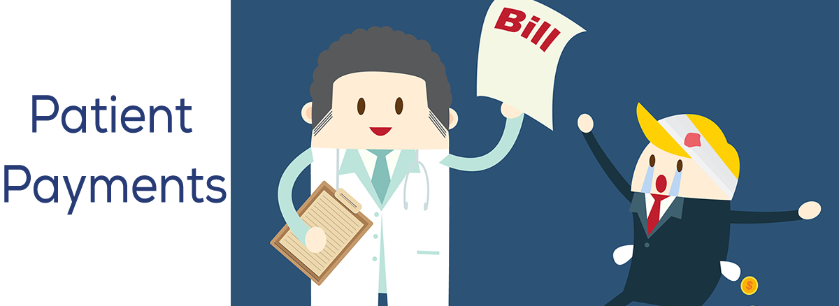 Image with word Patient Payment and a drawing of a doctor with a clipboard and bill in hand and patient to pay the bill