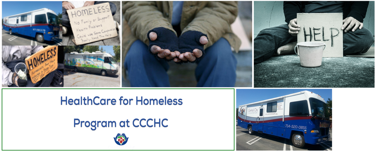 Images of homeless signs CCCHC mobile units and hellp sign for slide on CCCHC HealthCare for Homeless